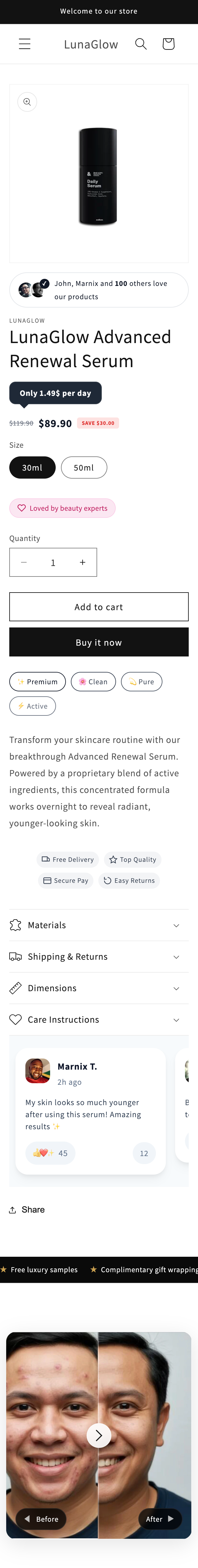 Shopify product page enhanced with LiquidBoost trust badges, social proof, and conversion elements
