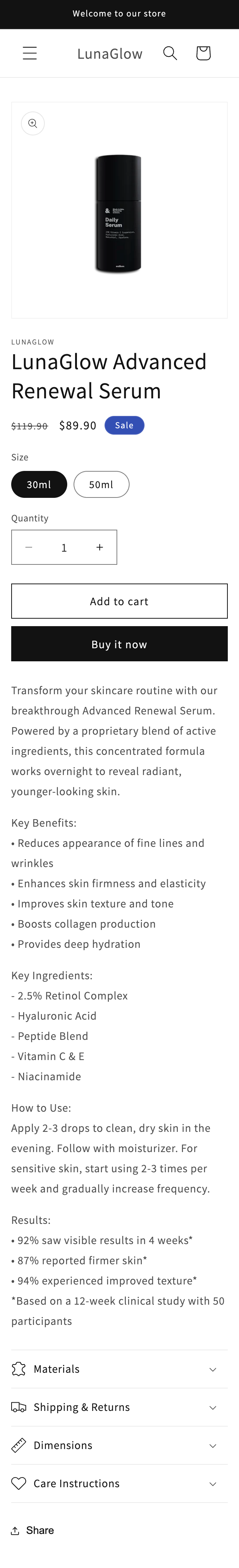 Standard Shopify product page without conversion optimization elements